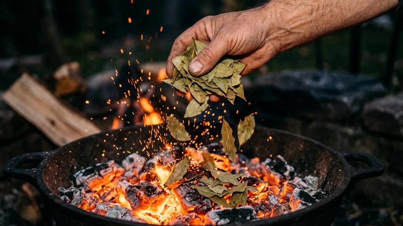 Utilize folhas secas de louro sobre a brasa para conferir um aroma sofisticado ao seu churrasco. – Imagem gerada por IA