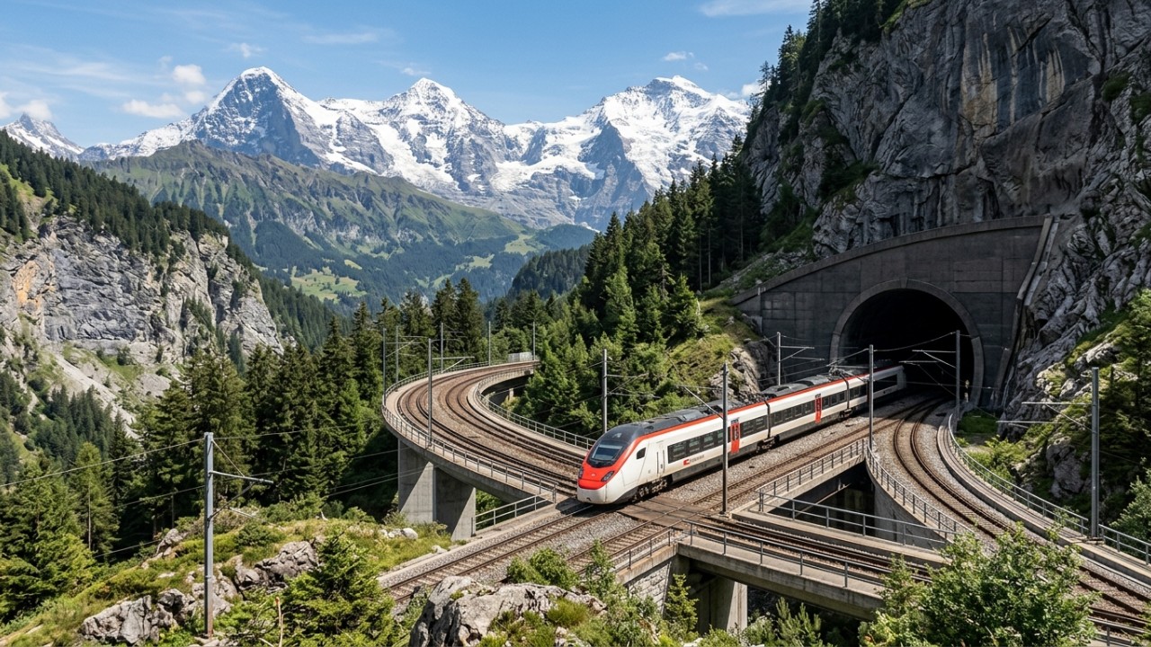 A Suíça escavou um “segundo país” sob os Alpes: mais de 1,400 túneis e cerca de 1,243 milhas debaixo da rocha para alterar o clima, sem que quase ninguém perceba durante as viagens Túneis de base sob os Alpes conectam o continente com máxima eficiência e rapidez. – Imagem gerada por IA