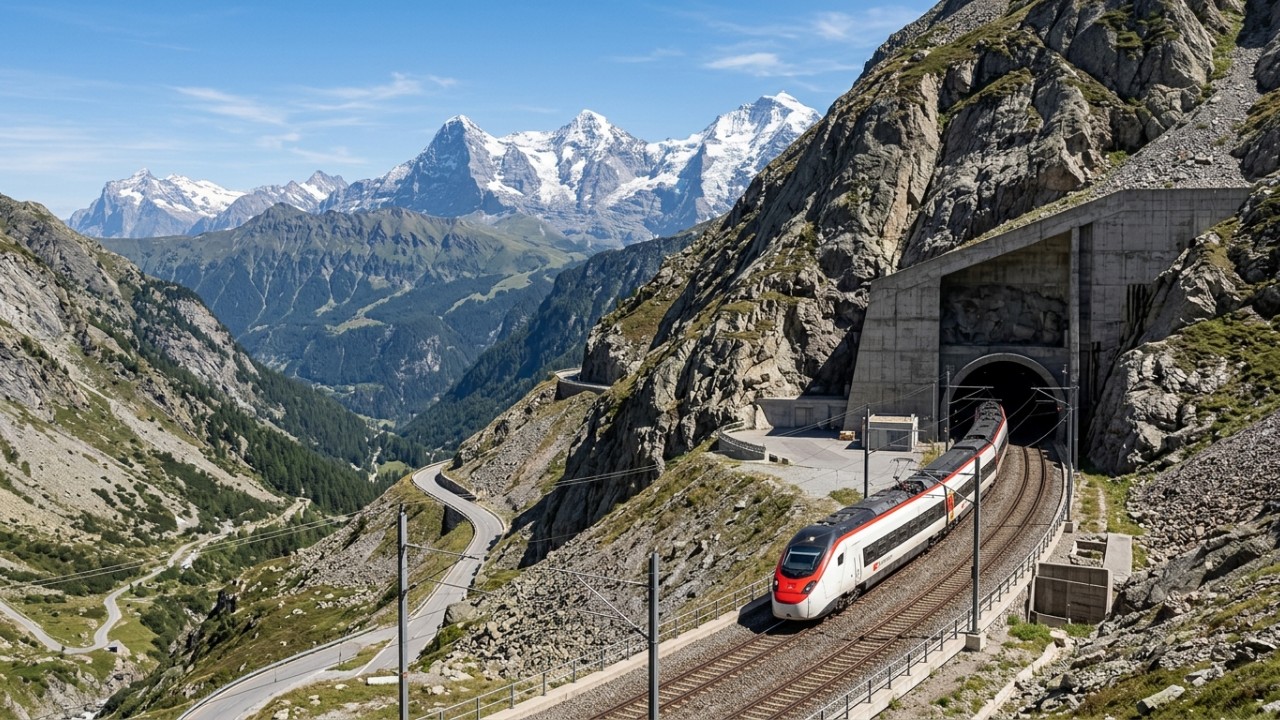 A Suíça escavou um “segundo país” sob os Alpes: mais de 1,400 túneis e cerca de 1,243 milhas debaixo da rocha para alterar o clima, sem que quase ninguém perceba durante as viagens A engenharia suíça moderniza a mobilidade europeia com túneis de base de alta tecnologia. – Imagem gerada por IA