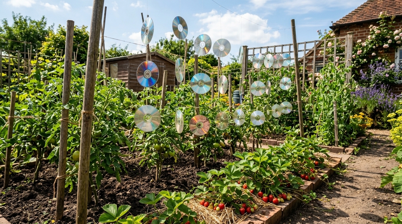 O princípio por trás do uso de CDs no jardim é visual: a superfície refletiva forma “raios” de luz quando o sol bate