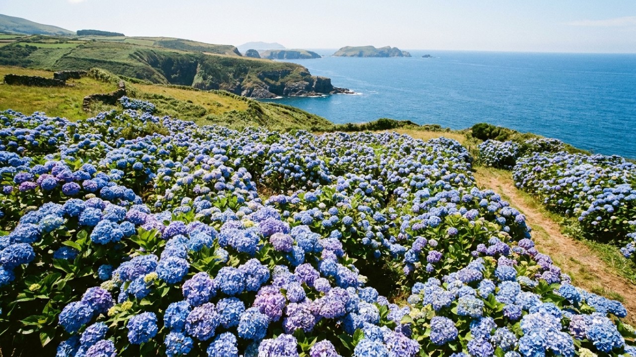 Um monge cuidou sozinho deste campo de hortênsias por 40 anos: mais de 5 mil flores transformam o alto de um penhasco à beira mar em um destino encantador no verão O Parque Taejongdae em Busan abriga um santuário de hortênsias cultivado por décadas. – Imagem gerada por IA