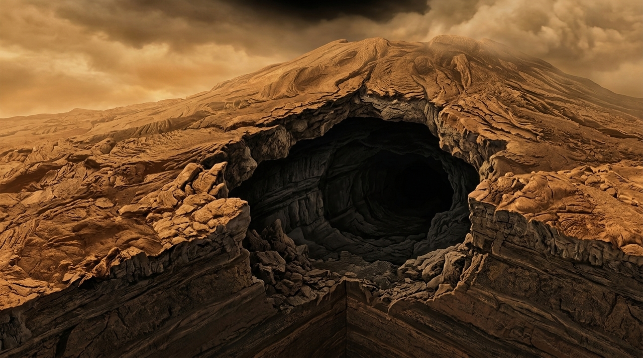 Tubos de lava surgem quando a parte externa de um fluxo vulcânico esfria e forma uma crosta, enquanto material quente continua correndo por baixo