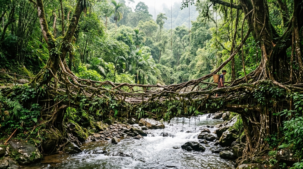 Moradores deste país fazem pontes com ‘raízes vivas’ de árvores que atravessam rios e duram séculos O estado de Meghalaya recebe algumas das maiores quantidades de chuva do planeta.