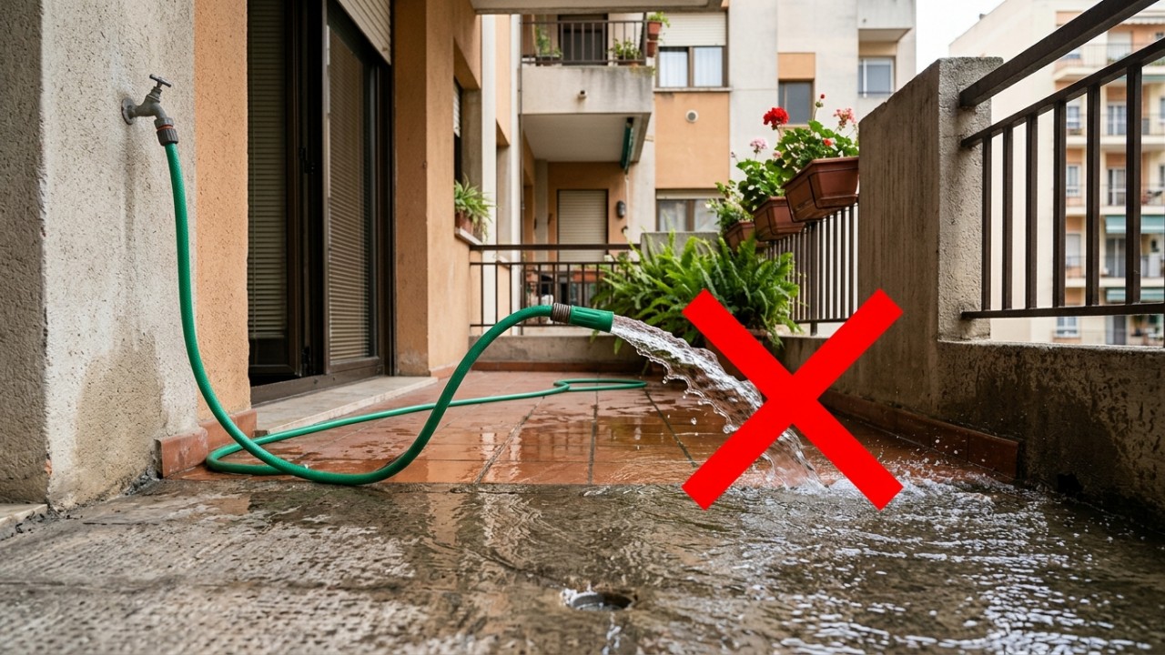O uso excessivo de água na limpeza das varandas pode causar danos estruturais e conflitos entre vizinhos. – Imagem gerada por IA