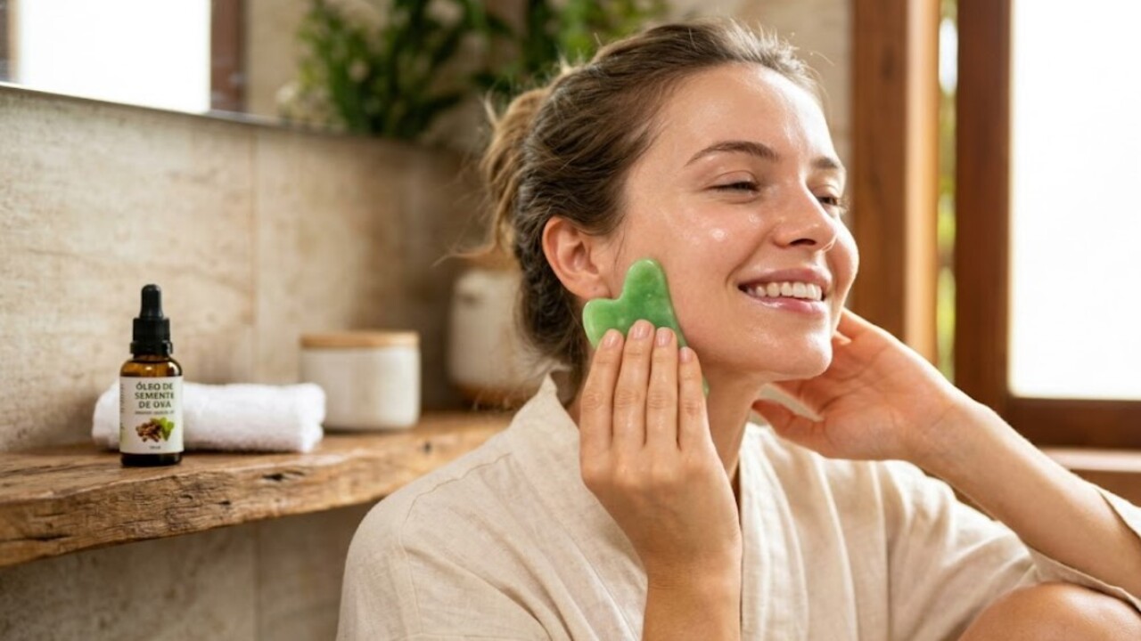 O segredo da massagem facial com Gua Sha e óleo de semente de uva para reduzir o inchaço, diminuir as bolsas nos olhos e acordar com aparência descansada Uma massagem facial caseira feita com Gua Sha ou rolo de quartzo, combinada com óleo de semente de uva, pode ajudar a diminuir o inchaço do rosto