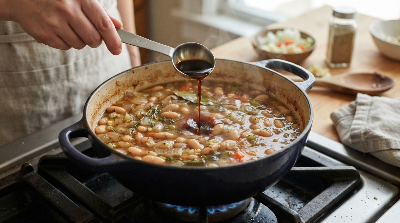 O feijão cozido fica mais saboroso se você adicionar um ingrediente em comum à panela durante o cozimento O molho inglês pode ser combinado com ingredientes aromáticos que já aparecem em receitas de feijão
