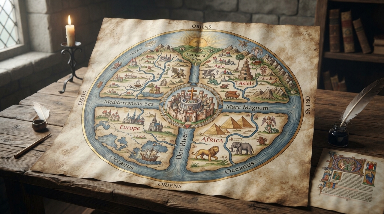 Por que os mapas antigos colocavam o leste no topo em vez do norte Os mapas T-O resumiam o mundo habitado dentro de um círculo, dividido por um desenho semelhante às letras T e O.