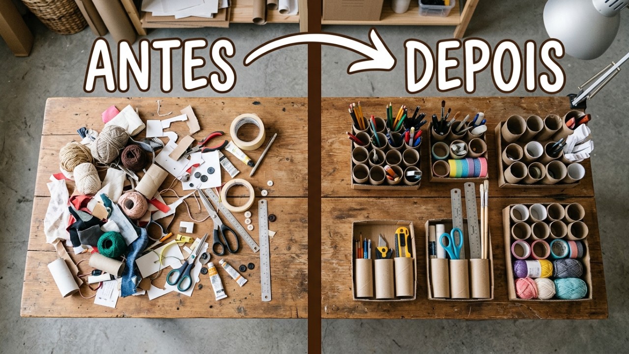 Não jogue fora rolos de papelão velhos, você tem um tesouro: 3 ideias francesas de faça você mesmo para reutilizá-los e organizar seu escritório O reaproveitamento criativo de rolos de papelão otimiza o seu espaço de forma sustentável e econômica. – Imagem gerada por IA