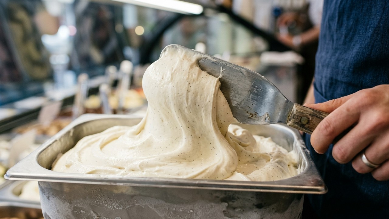 O controle preciso da temperatura e da emulsão garante a cremosidade ideal do verdadeiro gelato italiano. – Imagem gerada por IA