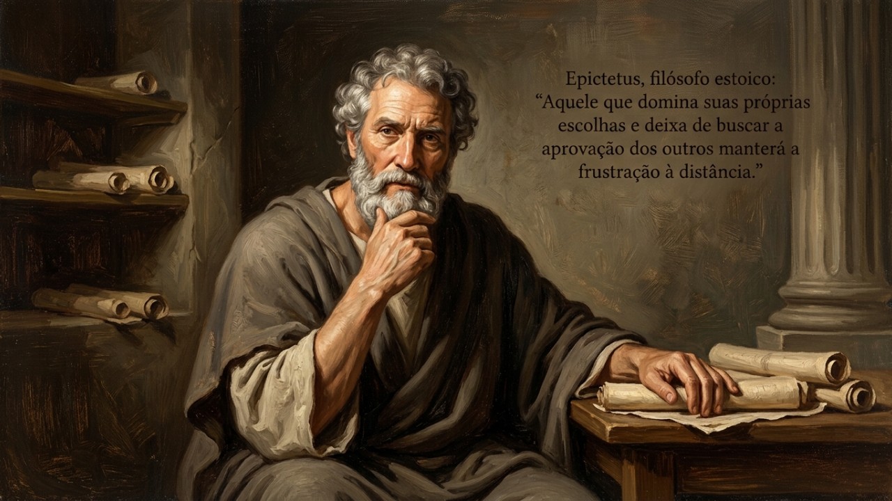 Epicteto, filósofo estoico: “Aquele que domina suas próprias escolhas e deixa de buscar a aprovação dos outros manterá a frustração à distância.” O estoicismo ensina que a verdadeira estabilidade emocional reside apenas nas escolhas sob nosso controle. – Imagem gerada por IA
