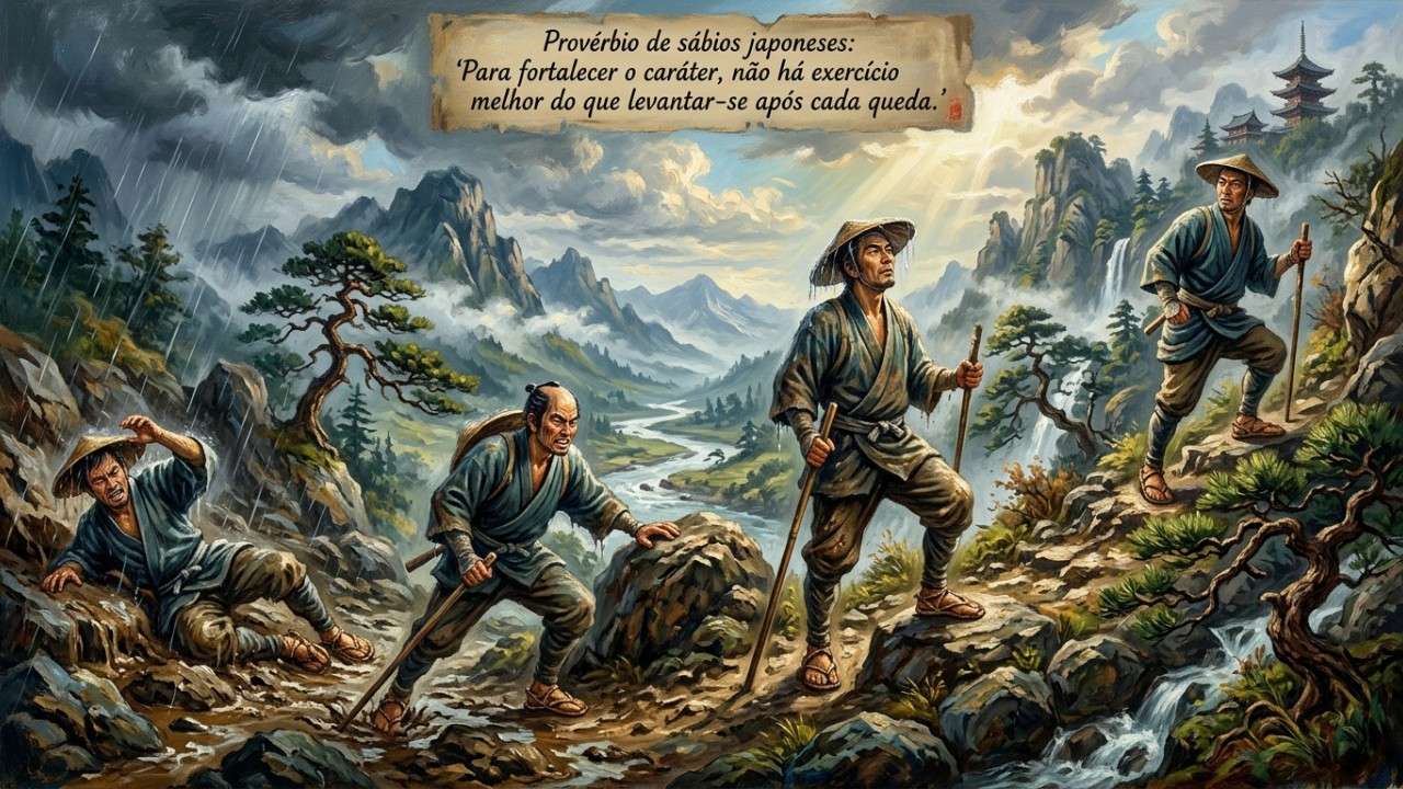 Provérbio dos sábios japoneses: “Para fortalecer o caráter, não há exercício melhor do que se levantar depois de cada queda.” A maturidade emocional surge quando decidimos encarar as derrotas com uma postura construtiva. – Imagem gerada por IA