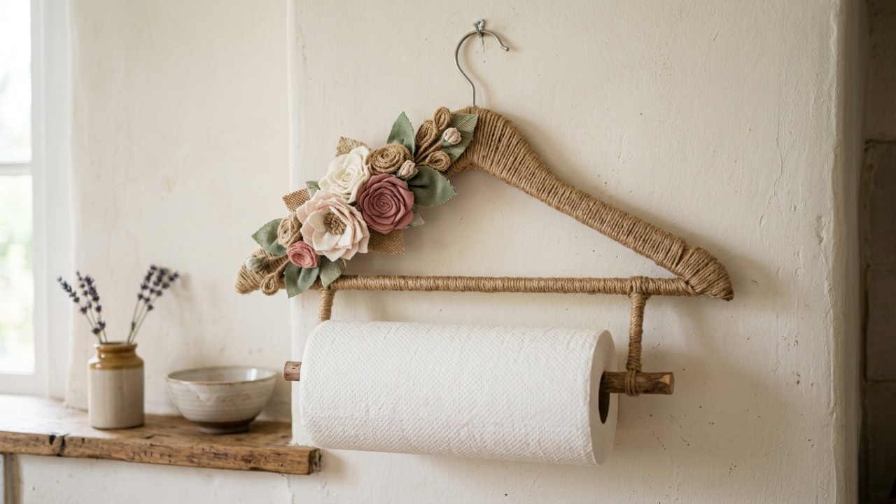 Transforme cabides antigos em organizadores funcionais para sua casa com técnicas de upcycling. – Imagem gerada por IA