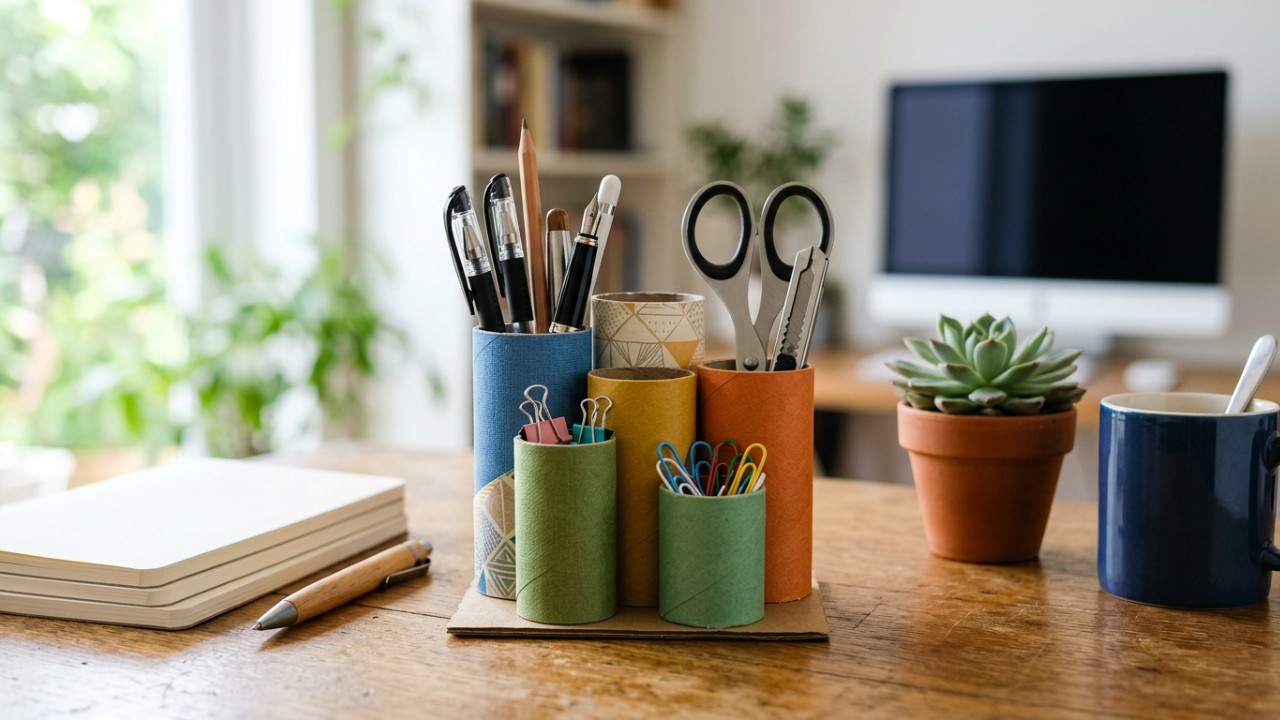 Não jogue fora rolos de papelão velhos, você tem um tesouro: 3 ideias francesas de faça você mesmo para reutilizá-los e organizar seu escritório Transforme materiais recicláveis em organizadores práticos para sua mesa de trabalho. – Imagem gerada por IA