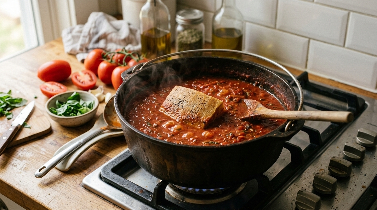Os italianos garantem: para deixar o molho de tomate caseiro mais grosso e gostoso, o segredo é colocar uma casca de parmesão curado durante o cozimento A casca do queijo parmesão curado costuma ser descartada na cozinha, mas ela carrega uma quantidade imensa de sabor concentrado.