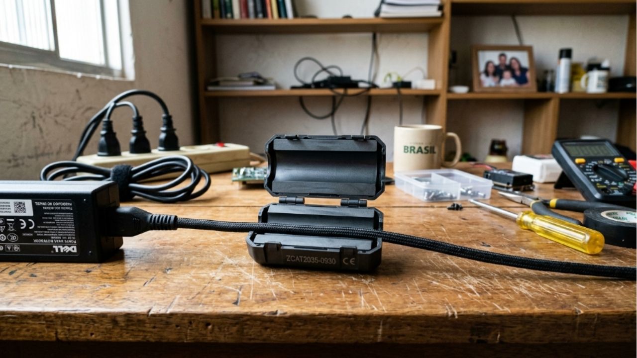 Para que serve o cilindro grosso no cabo do carregador de notebook? O núcleo de ferrite reduz ruídos elétricos.