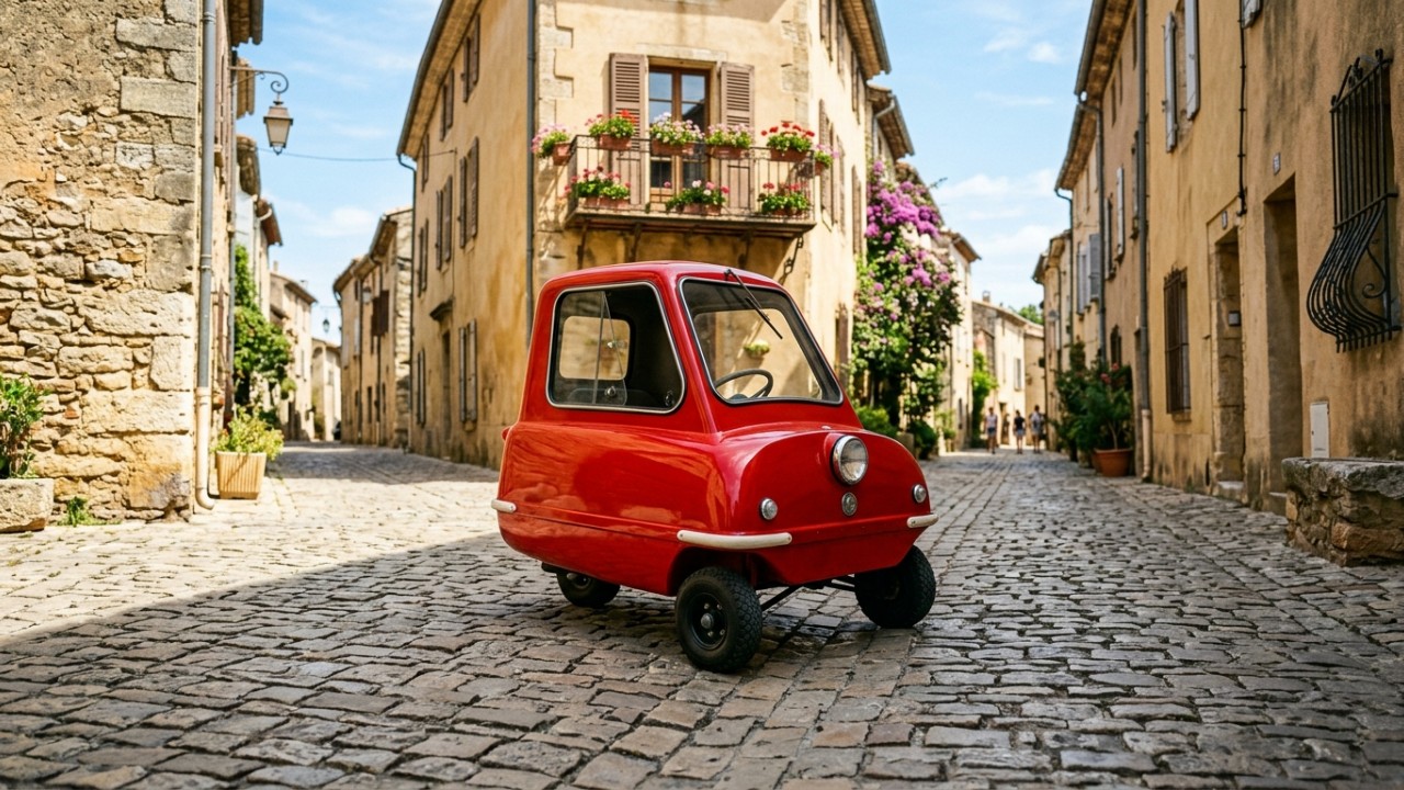 A simplicidade mecânica e o design compacto tornaram este icônico veículo de três rodas um marco na engenharia automotiva. – Imagem gerada por IA