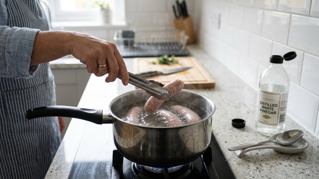 O truque do vinagre na água pode evitar que a linguiça estoure e ainda ajuda a preservar a textura Pouca gente conhece o segredo para cozinhar linguiça sem estourar