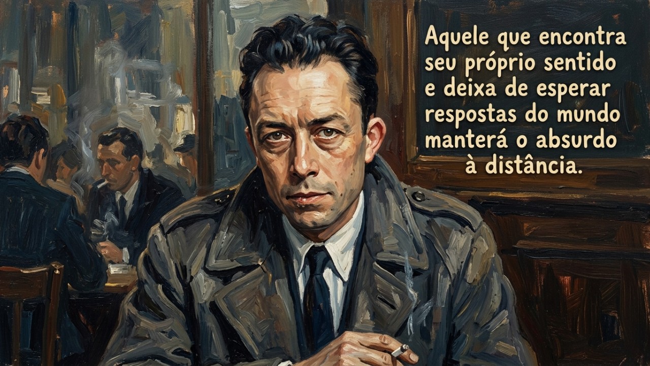 Albert Camus, filósofo franco-argelino: “Aquele que encontra seu próprio sentido e deixa de esperar respostas do mundo manterá o absurdo à distância.” Encarar a ausência de um propósito predeterminado é o primeiro passo para conquistar a verdadeira liberdade existencial. – Imagem gerada por IA