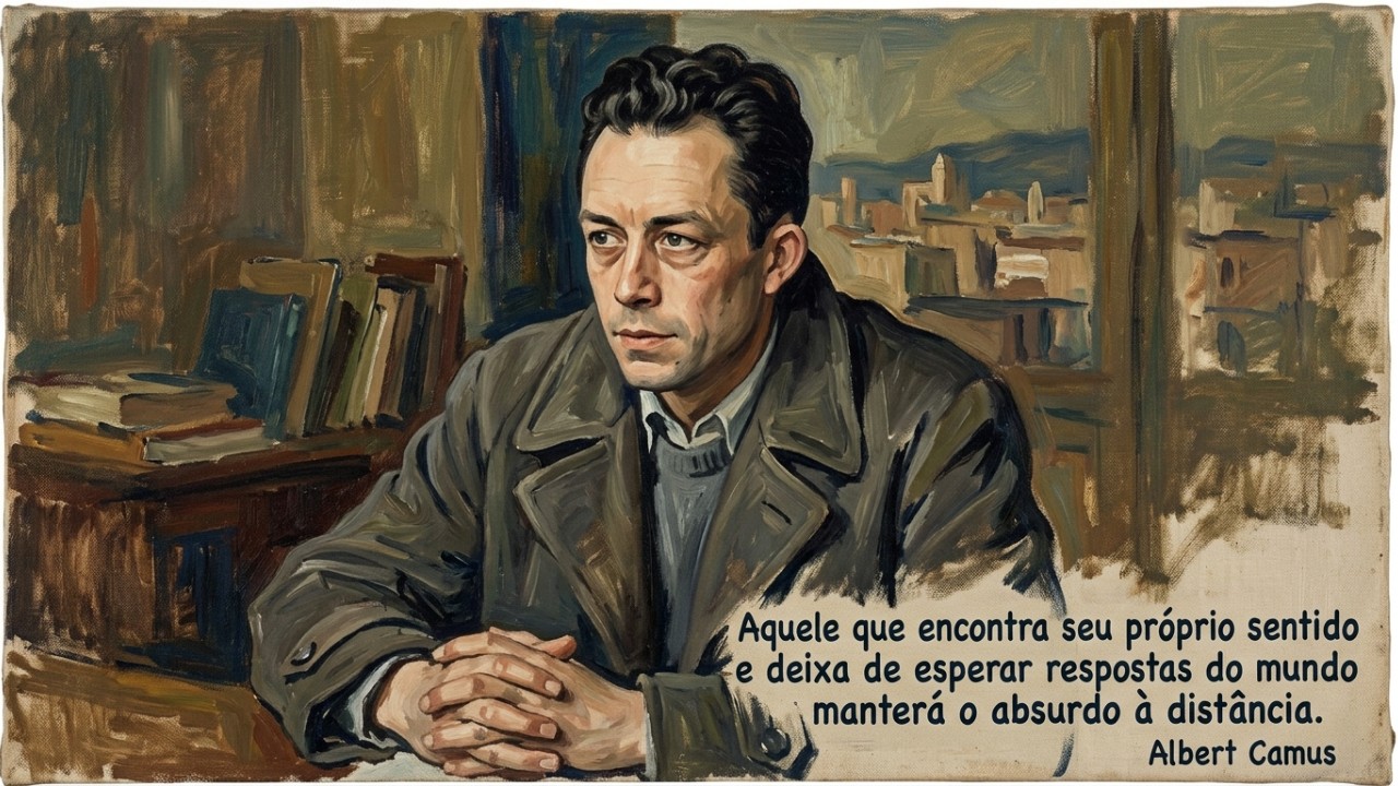 Albert Camus, filósofo franco-argelino: “Aquele que encontra seu próprio sentido e deixa de esperar respostas do mundo manterá o absurdo à distância.” A aceitação do silêncio do universo permite que cada indivíduo assuma a responsabilidade de construir seu próprio sentido. – Imagem gerada por IA