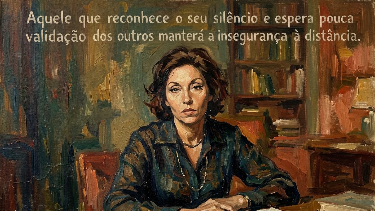 Clarice Lispector, escritora brasileira: “Aquele que reconhece seu silêncio e espera pouco da validação dos outros manterá a insegurança à distância.” O autoconhecimento realista afasta o medo crônico da rejeição e nos fortalece contra o julgamento alheio. – Imagem gerada por IA