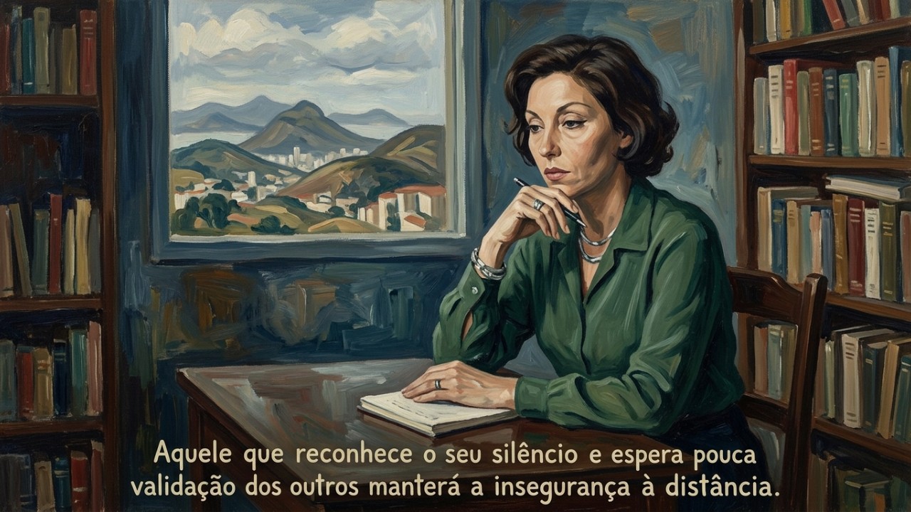 Clarice Lispector, escritora brasileira: “Aquele que reconhece seu silêncio e espera pouco da validação dos outros manterá a insegurança à distância.” O silêncio interior e a introspecção profunda funcionam como ferramentas essenciais para preservar a nossa verdadeira identidade emocional diante das pressões sociais cotidianas. – Imagem gerada por IA