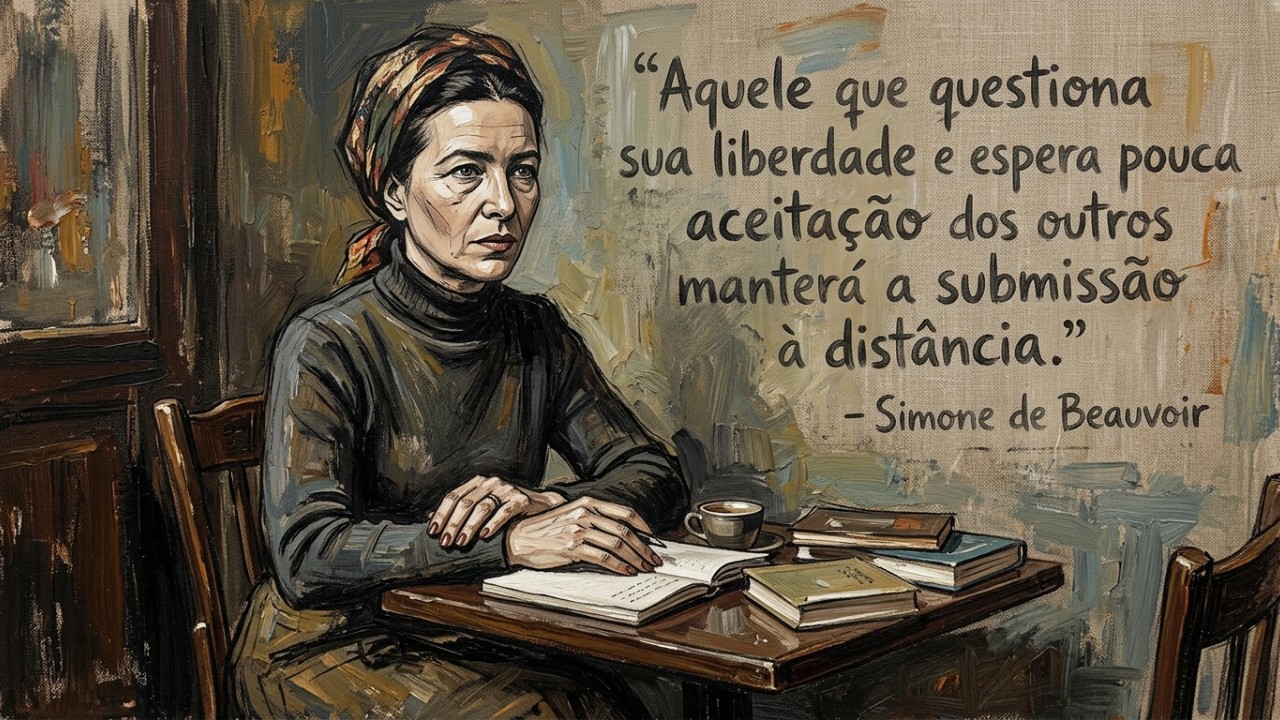 Simone de Beauvoir, filósofa francesa: “Aquele que questiona sua liberdade e espera pouco da aceitação dos outros manterá a submissão à distância.” A busca incessante pela aprovação alheia sabota nossa autonomia e nos afasta da verdadeira liberdade existencial. – Imagem gerada por IA