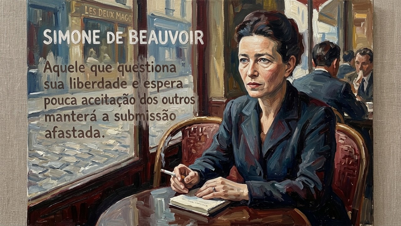 Simone de Beauvoir, filósofa francesa: “Aquele que questiona sua liberdade e espera pouco da aceitação dos outros manterá a submissão à distância.” Questionar as expectativas sociais impostas é o primeiro passo para romper com a submissão e construir uma vida autônoma. – Imagem gerada por IA