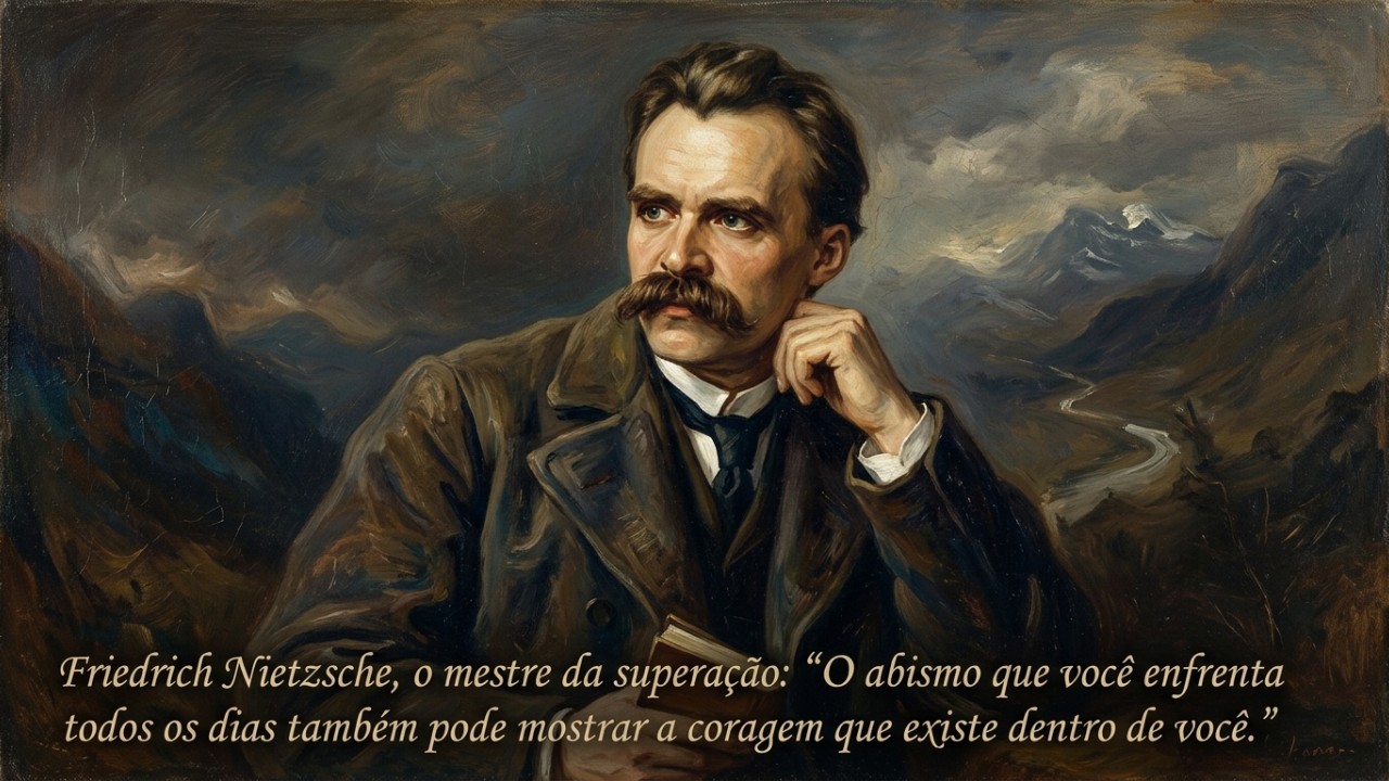 Friedrich Nietzsche, o mestre da superação: “O abismo que você encara todo dia também pode mostrar a coragem que existe em você” O pensamento de Nietzsche oferece ferramentas essenciais para transformar o sofrimento em força e superação. – Imagem gerada por IA