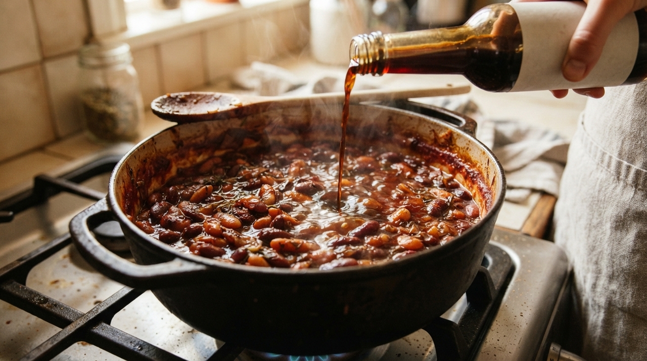 O feijão cozido fica mais saboroso se você adicionar um ingrediente em comum à panela durante o cozimento O molho inglês pode ser combinado com ingredientes aromáticos que já aparecem em receitas de feijão