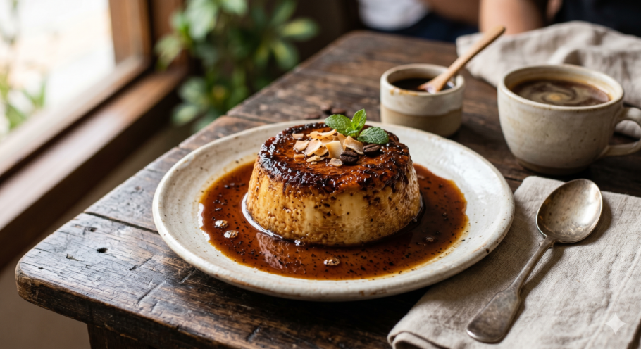 Pudim de leite de coco queimado com calda de café: a sobremesa cremosa e sofisticada que foge do óbvio Pudim de leite de coco queimado com calda de café