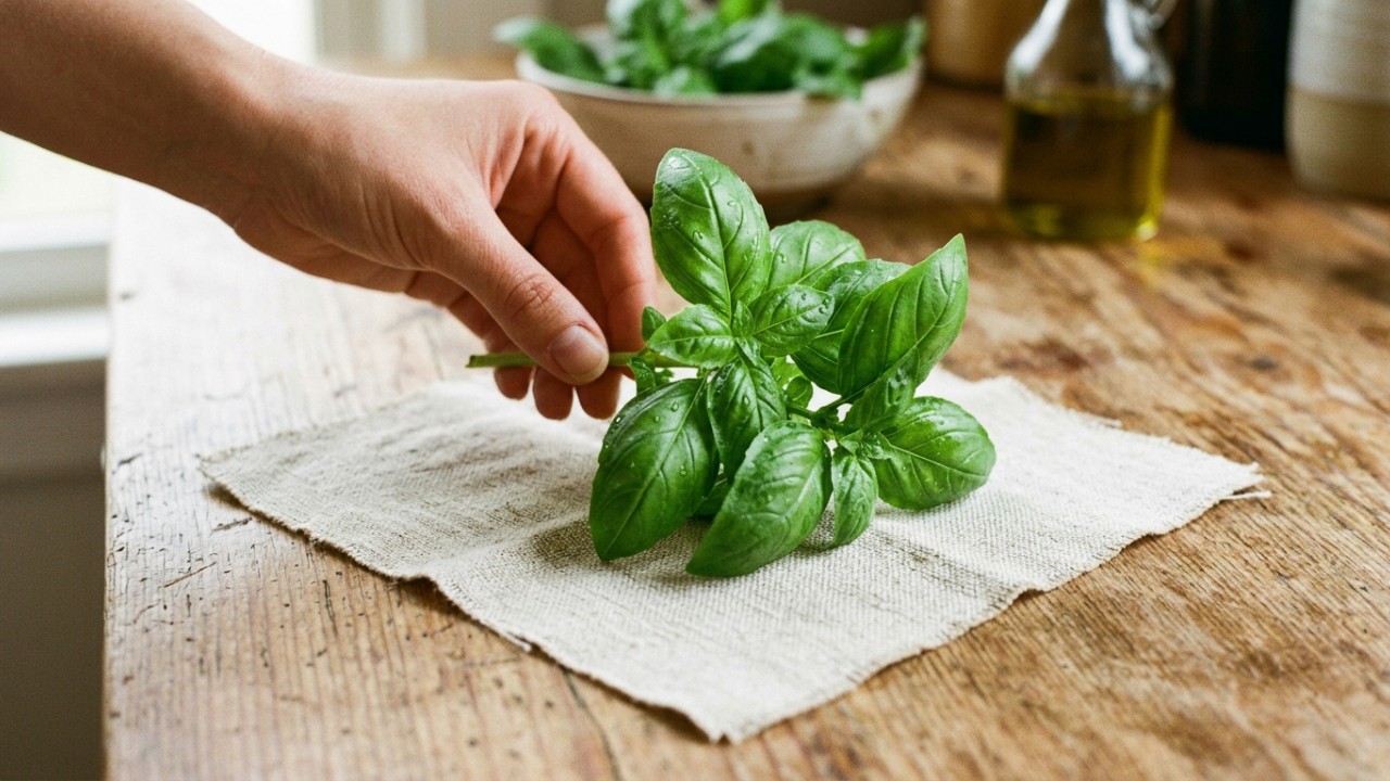 Carregar um pequeno ramo de manjericão embrulhado em linho: para que serve e por que os italianos recomendam Essa tradição italiana utiliza o aroma do manjericão para trazer tranquilidade ao lar. – Imagem gerada por IA