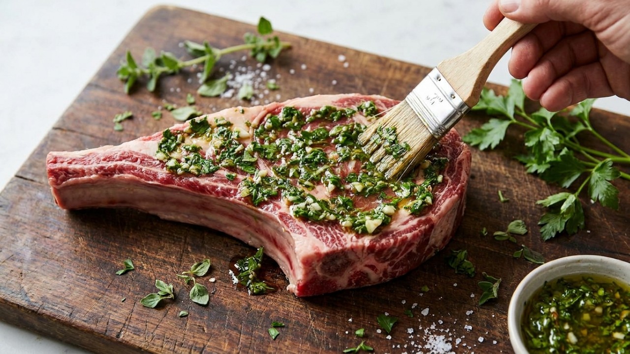 Os chefs argentinos concordam: “A costela bovina não é temperada apenas com pimenta, mas sim com chimichurri, páprica defumada e vinho tinto aplicados horas antes.” A marinada especial horas antes do assado garante um resultado incrivelmente suculento na costela bovina. – Imagem gerada por IA