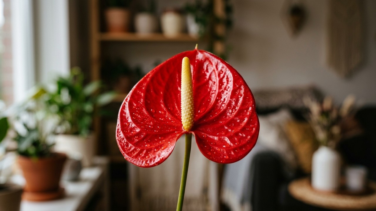 O antúrio é uma excelente alternativa ornamental para quem busca beleza com baixa manutenção em casa. – Imagem gerada por IA