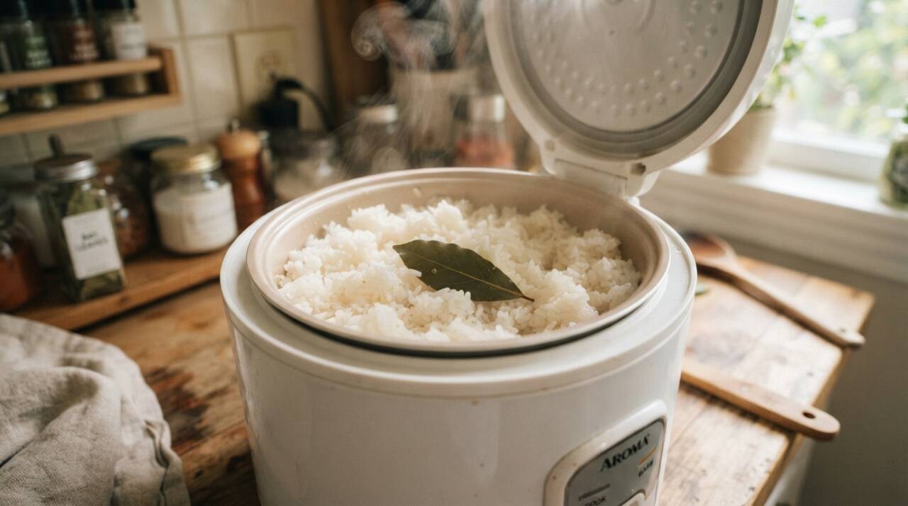 Quando a água secar e o arroz terminar de descansar, retire a folha inteira antes de soltar os grãos.