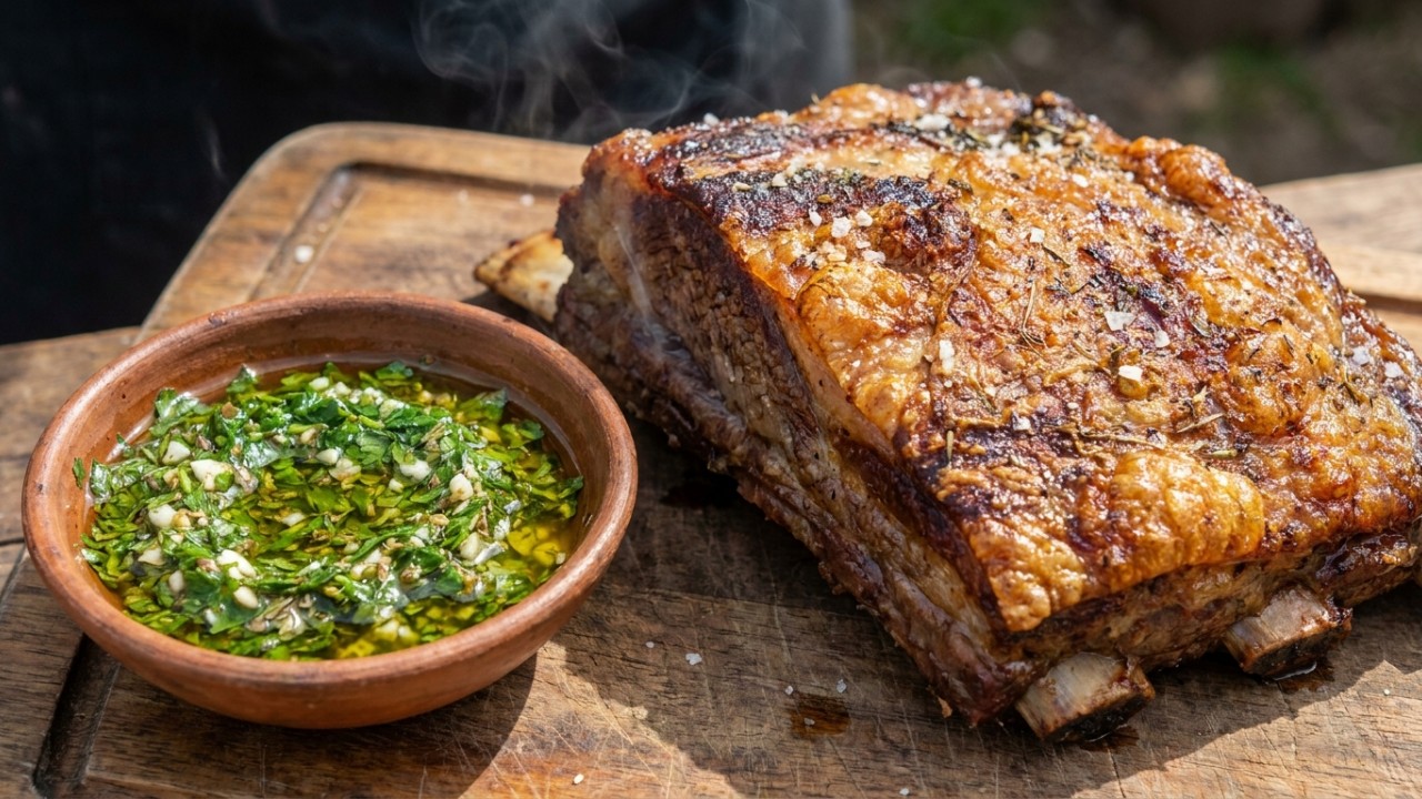 Os chefs argentinos concordam: “A costela bovina não é temperada apenas com pimenta, mas sim com chimichurri, páprica defumada e vinho tinto aplicados horas antes.” O tempero antecipado permite que as especiarias penetrem profundamente e transformem o sabor da carne. – Imagem gerada por IA