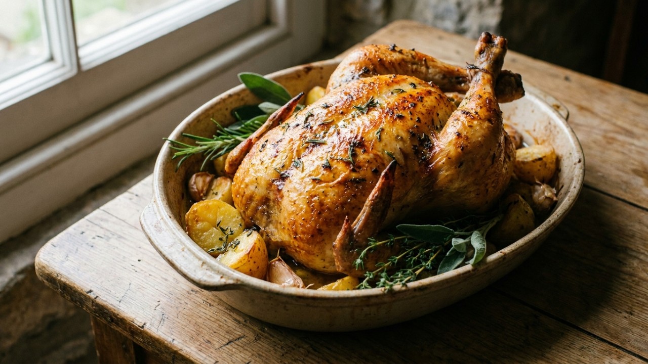 Os chefs franceses concordam: “O frango assado não é temperado apenas com limão, mas sim com manteiga, estragão e chalotas colocados sob a pele antes de ir ao forno.” O uso de ervas e chalotas sob a pele protege a carne do ressecamento e traz crocância. – Imagem gerada por IA