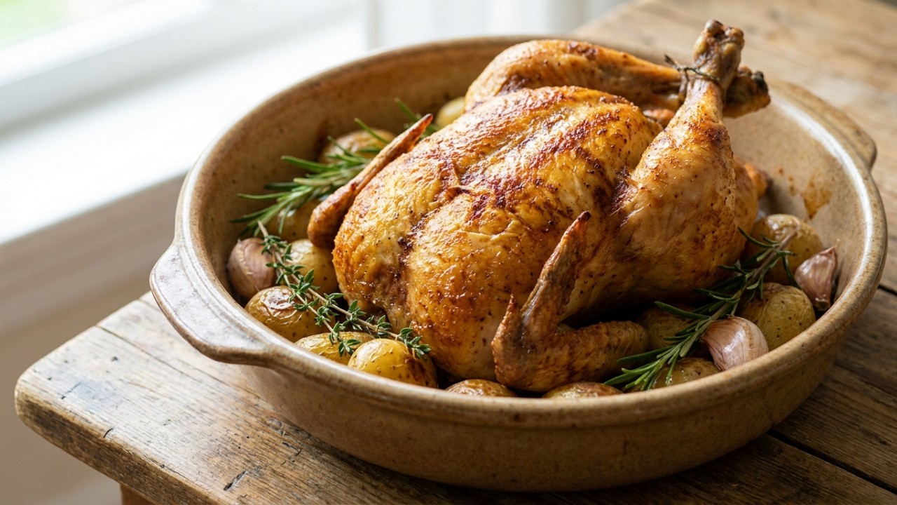 Os chefs franceses concordam: “O frango assado não é temperado apenas com limão, mas sim com manteiga, estragão e chalotas colocados sob a pele antes de ir ao forno.” Aplicar manteiga temperada sob a pele do frango garante uma carne suculenta e perfumada. – Imagem gerada por IA