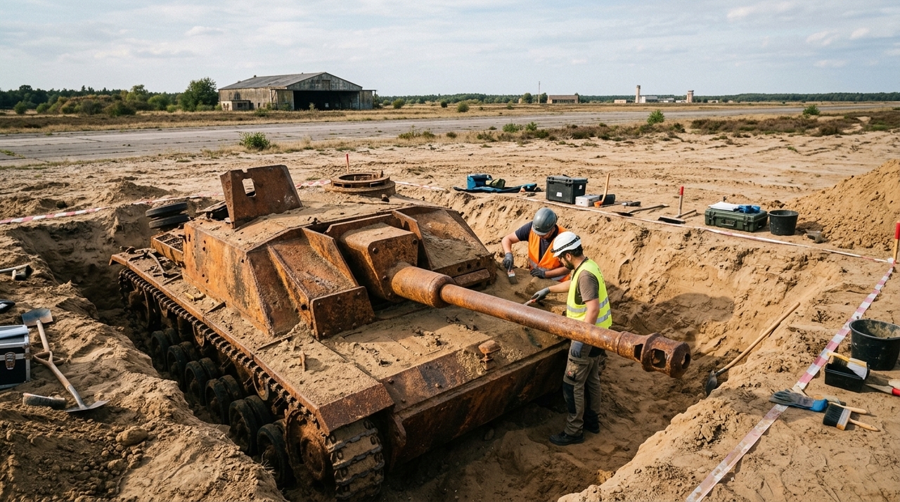 Um blindado da Segunda Guerra emergiu de uma base militar e suas 17 marcas podem contar uma história ainda desconhecida A descoberta ocorreu durante trabalhos de renovação e modernização da base militar próxima ao Mar do Norte.