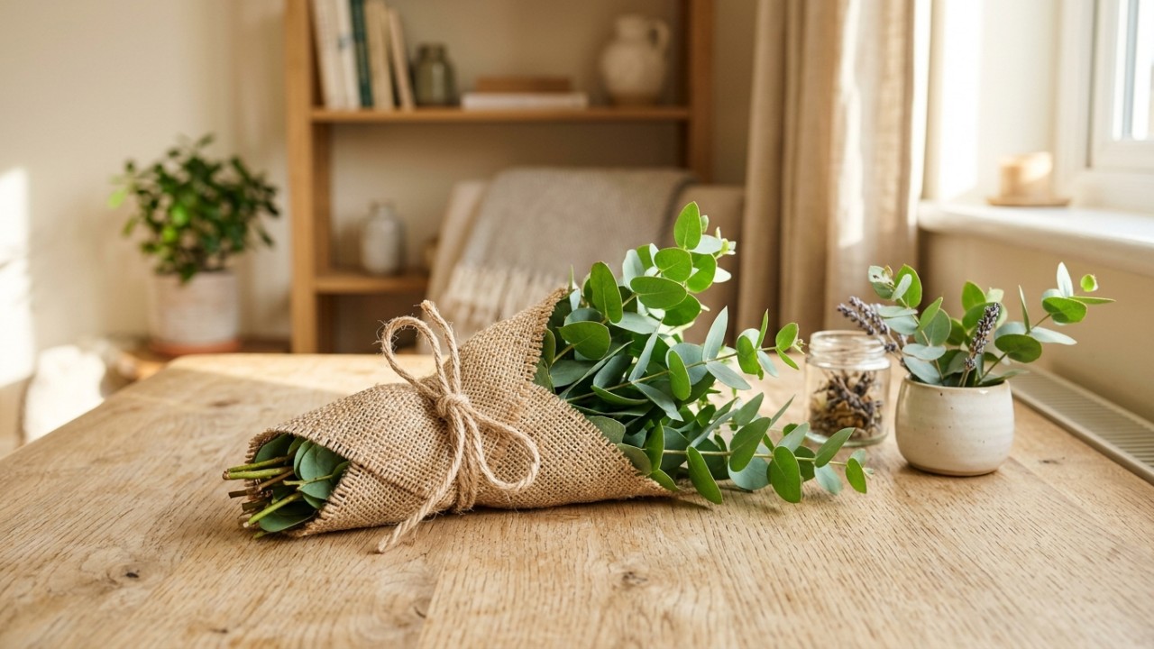 A combinação de folhas secas em tecidos rústicos é uma alternativa prática e econômica para perfumar a casa naturalmente. – Imagem gerada por IA