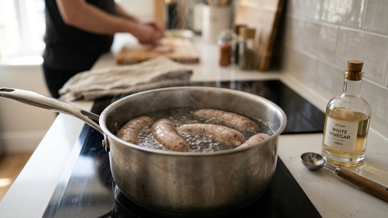 O truque do vinagre na água pode evitar que a linguiça estoure e ainda ajuda a preservar a textura Pouca gente conhece o segredo para cozinhar linguiça sem estourar