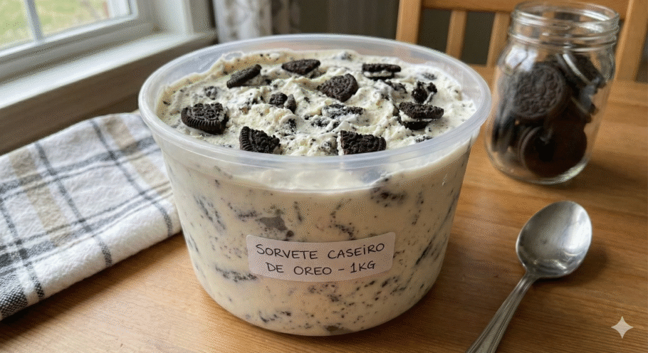 Receita de sorvete de Oreo com apenas 3 ingredientes simples Com esta receita, é possível obter aproximadamente 1 quilo de sorvete