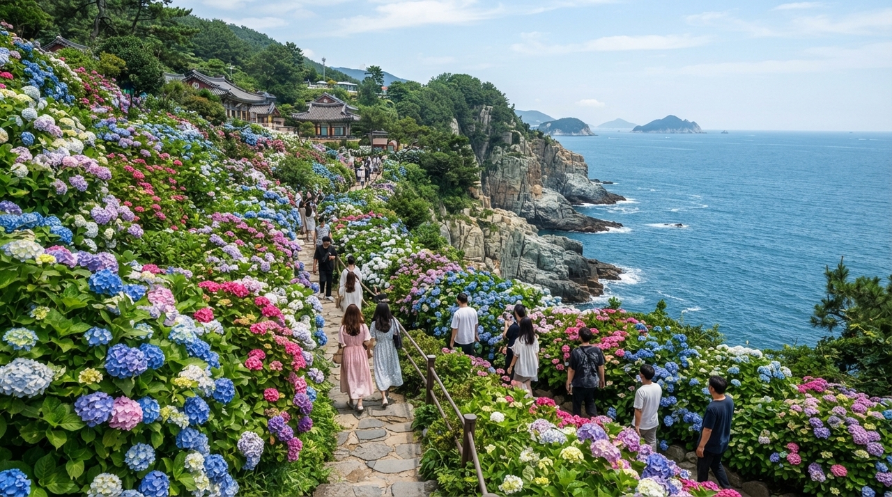 Um monge cuidou sozinho deste campo de hortênsias por 40 anos: mais de 5 mil flores transformam o alto de um penhasco à beira mar em um destino encantador no verão A história desse paraíso costeiro está diretamente ligada à dedicação de um único homem.