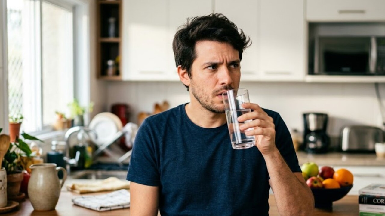 Estudo questiona a regra dos dois litros de água por dia e levanta debate sobre qual a hidratação ideal para seu corpo Homem tomando água na cozinha