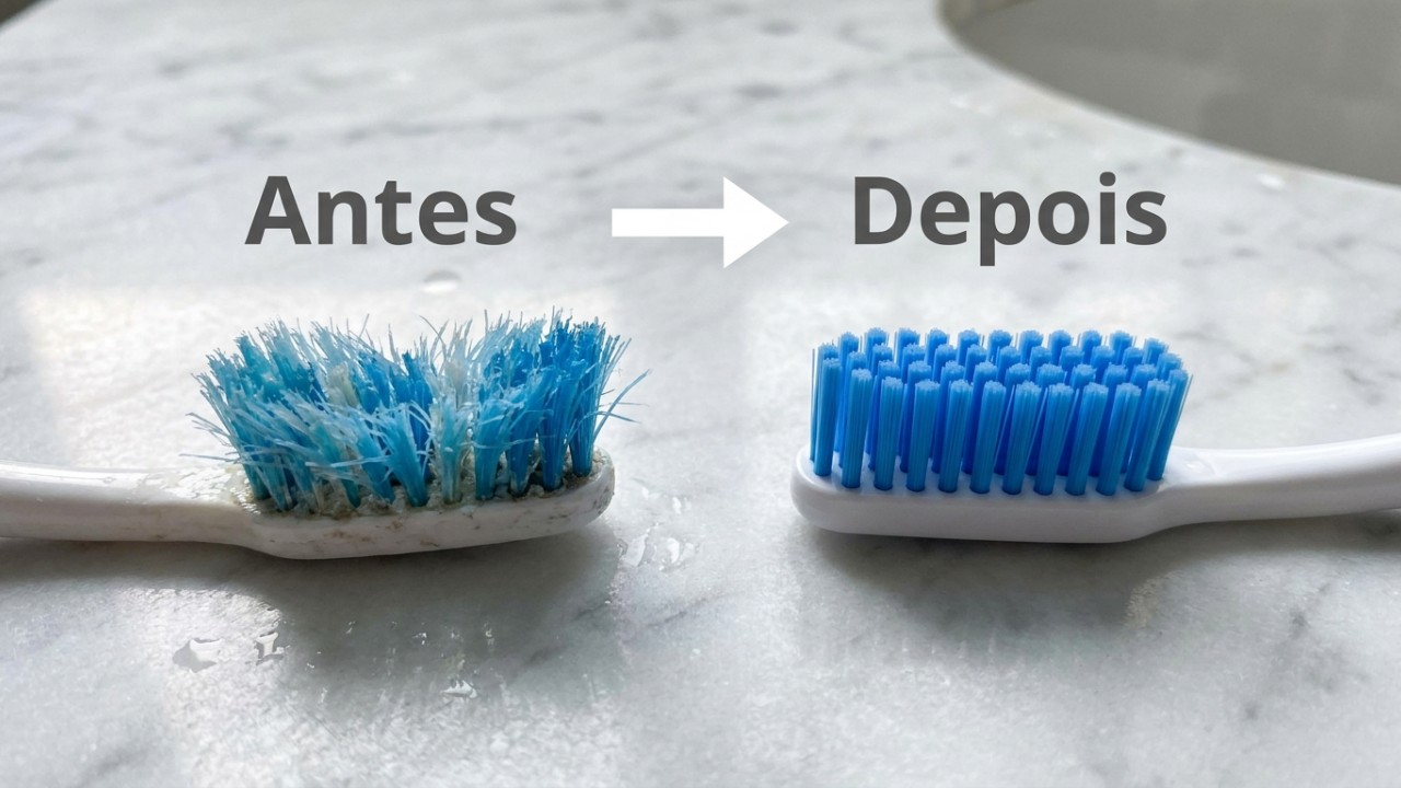 A escova de dentes não deve ser trocada a cada seis meses ou apenas quando as cerdas abrirem: este é o tempo ideal para fazer a troca Substituir sua escova a cada três meses previne o acúmulo de bactérias e protege a saúde da sua gengiva. – Imagem gerada por IA