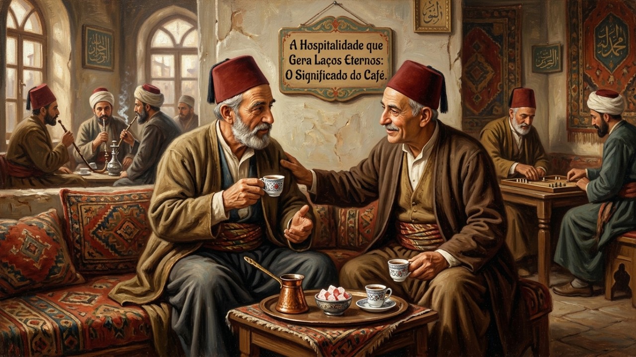 O que significa o provérbio turco “uma xícara de café guarda quarenta anos de amizade” O ritual do café representa a essência da hospitalidade e consolida laços de amizade duradouros. – Imagem gerada por IA