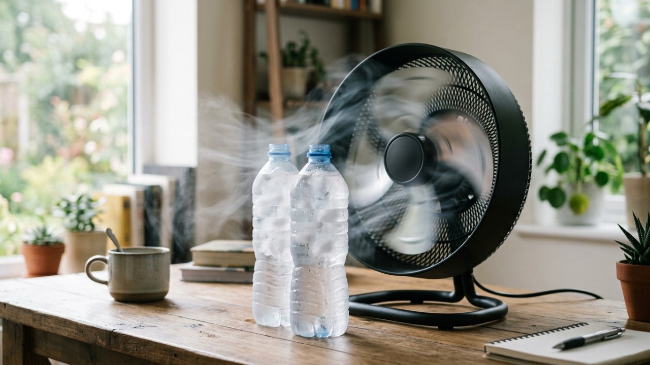 Para sua cozinha ficar sempre limpa e renovada, use isso com frequência O uso de latinhas de alumínio no ventilador busca otimizar a condução térmica para refrescar ambientes pequenos. – Imagem gerada por IA