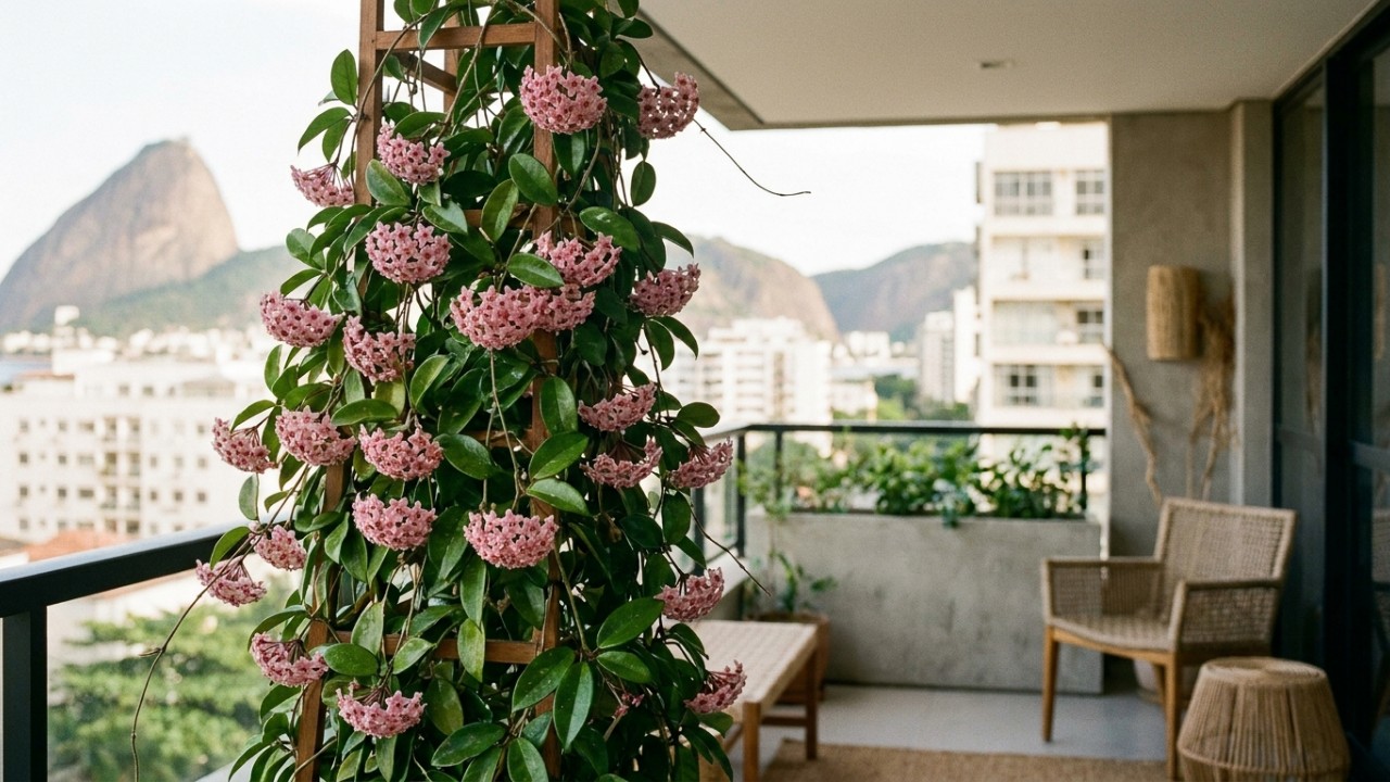 A flor-de-cera é a escolha ideal para transformar sua sacada em um refúgio verde e resistente. – Imagem gerada por IA