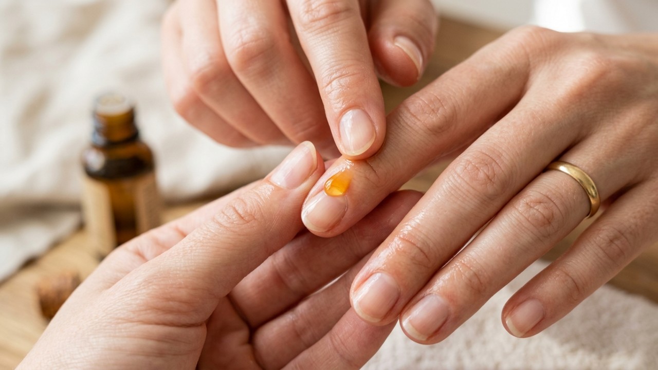 Técnica indiana de massagem com óleo nas cutículas para evitar pele levantada ao redor das unhas A massagem com óleos vegetais recupera a vitalidade e a hidratação das cutículas. – Imagem gerada por IA