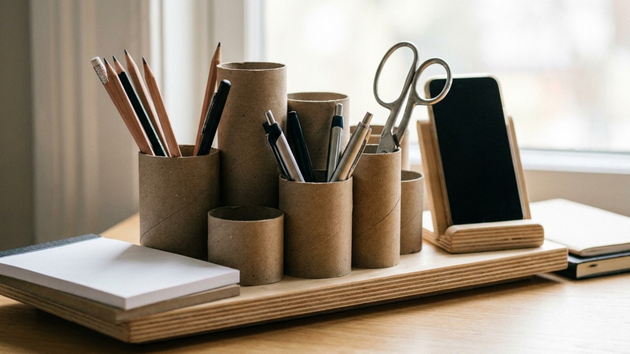 A reciclagem de rolos de papelão transforma a escrivaninha com sustentabilidade. – Imagem gerada por IA